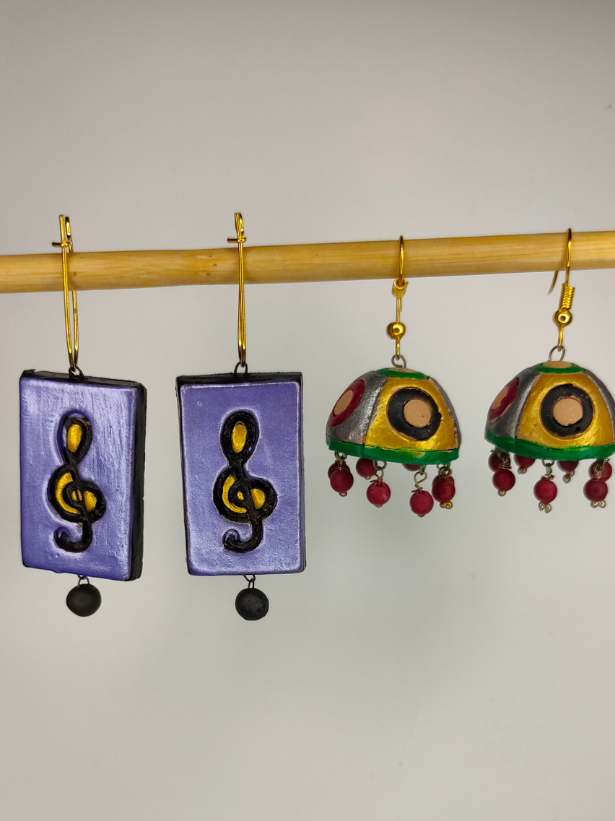 Set of 2 Handcrafted Terracotta Clay Earrings - Jhumka and Musical Note