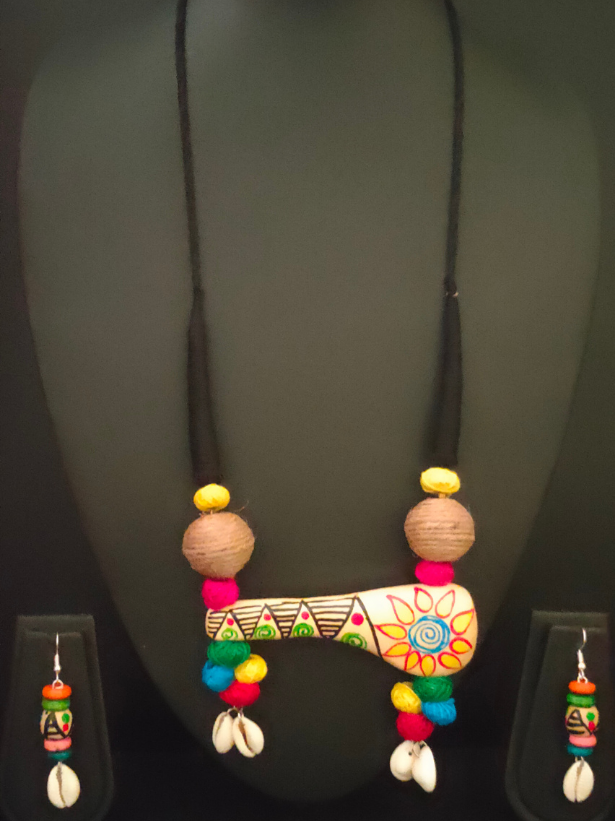 Hand-Painted Clay Shehnai with Shells and Fabric Beads Necklace Set