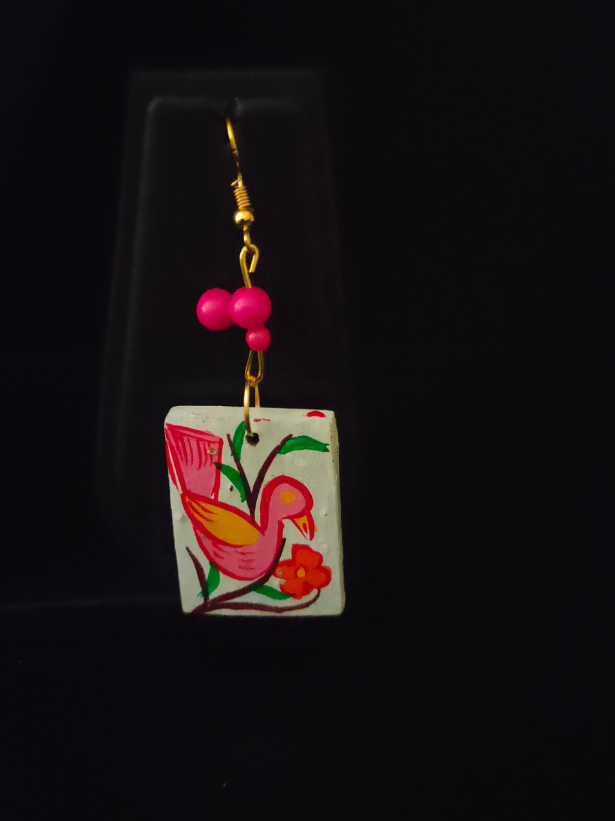 Hand Painted Birds Ceramic Necklace Set with Black Thread Closure