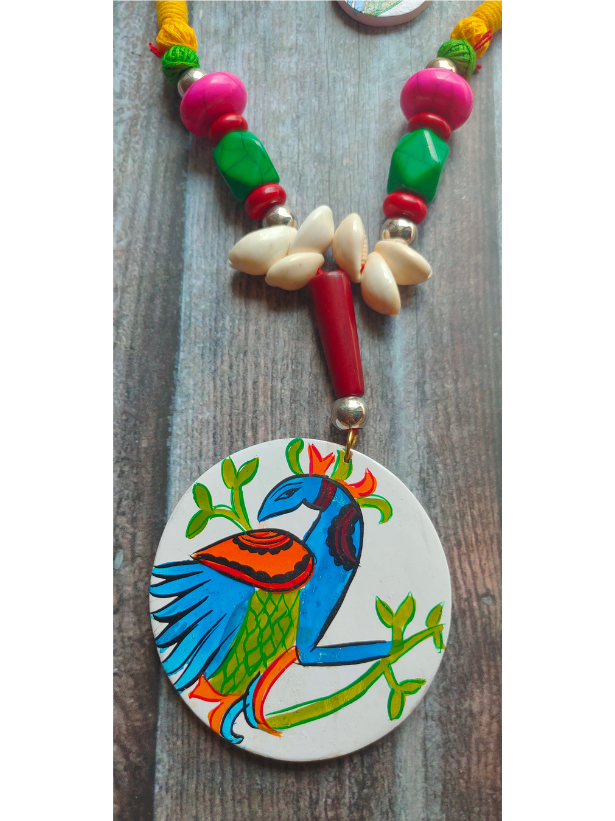 Hand Painted Peacock Wooden Necklace Set with Shells and Thread Closure
