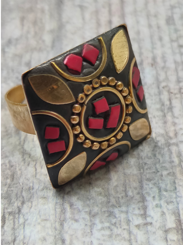 Black and Red Square Tibetan Ring with Gold Detailing