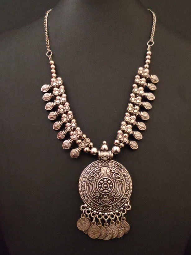 Intricately Crafted Metal Necklace with Coins and Peacock Detailing