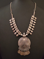 Load image into Gallery viewer, Intricately Crafted Metal Necklace with Coins and Peacock Detailing
