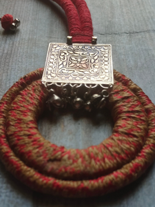 Circular Fabric and Metal Work Pendant Necklace Set