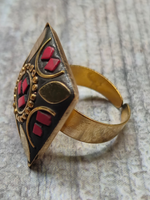 Load image into Gallery viewer, Black and Red Square Tibetan Ring with Gold Detailing
