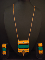 Load image into Gallery viewer, 3 Layer Yellow &amp; Green Fabric Pendant and Earrings Necklace Set
