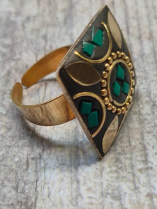 Black and Turquoise Square Tibetan Ring with Gold Detailing
