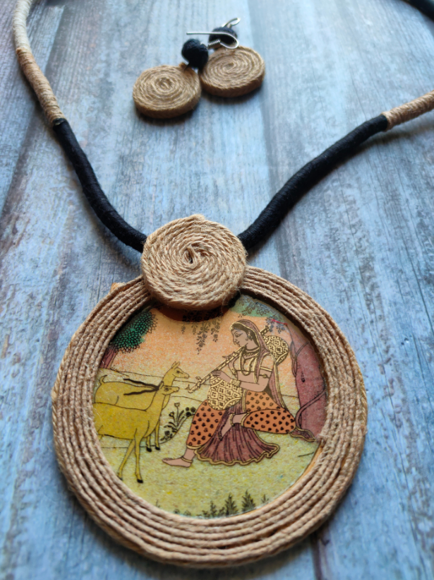 Village Scene Printed Necklace Set with Jute