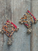Load image into Gallery viewer, Kalamkari Fabric Earrings with Metal Owl and Ghungroos
