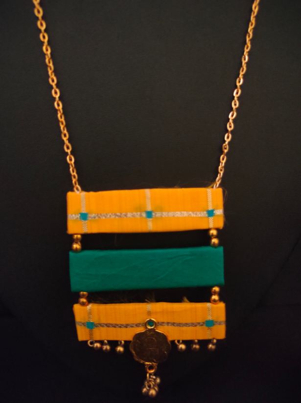 3 Layer Yellow & Green Fabric Pendant and Earrings Necklace Set