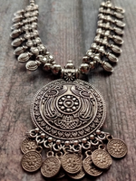Load image into Gallery viewer, Intricately Crafted Metal Necklace with Coins and Peacock Detailing
