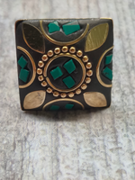 Load image into Gallery viewer, Black and Turquoise Square Tibetan Ring with Gold Detailing
