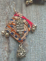 Load image into Gallery viewer, Kalamkari Fabric Earrings with Metal Owl and Ghungroos

