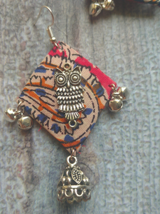 Kalamkari Fabric Earrings with Metal Owl and Ghungroos