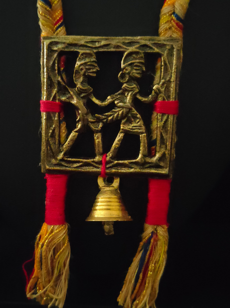 Threaded Fabric Necklace Set with Tribal Motifs Metal Pendant