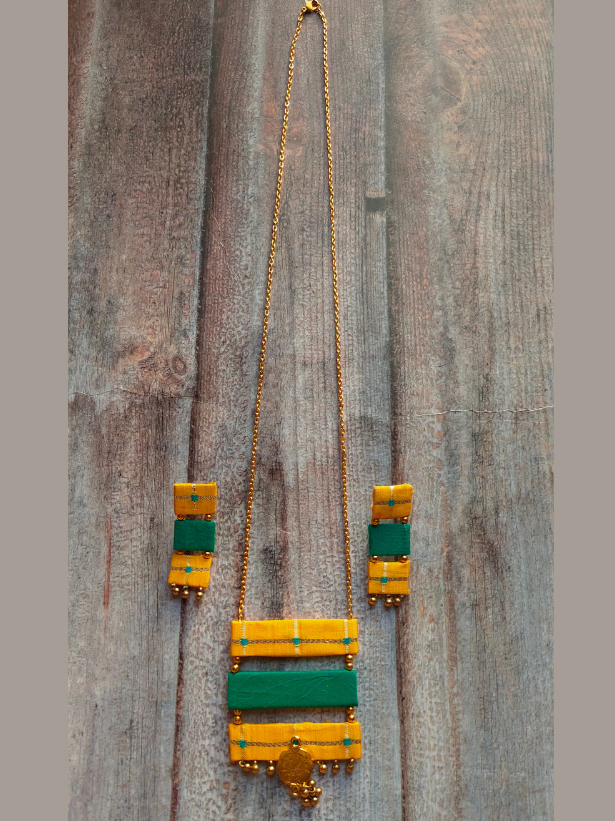 3 Layer Yellow & Green Fabric Pendant and Earrings Necklace Set