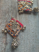 Load image into Gallery viewer, Kalamkari Fabric Earrings with Metal Owl and Ghungroos
