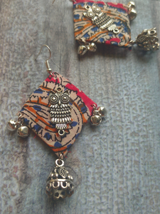 Kalamkari Fabric Earrings with Metal Owl and Ghungroos