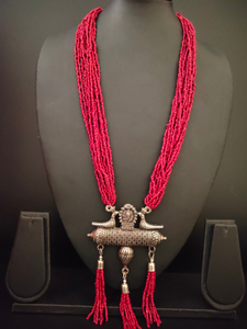 Red Multi Layer Beaded Strands Necklace with Metal Pendant