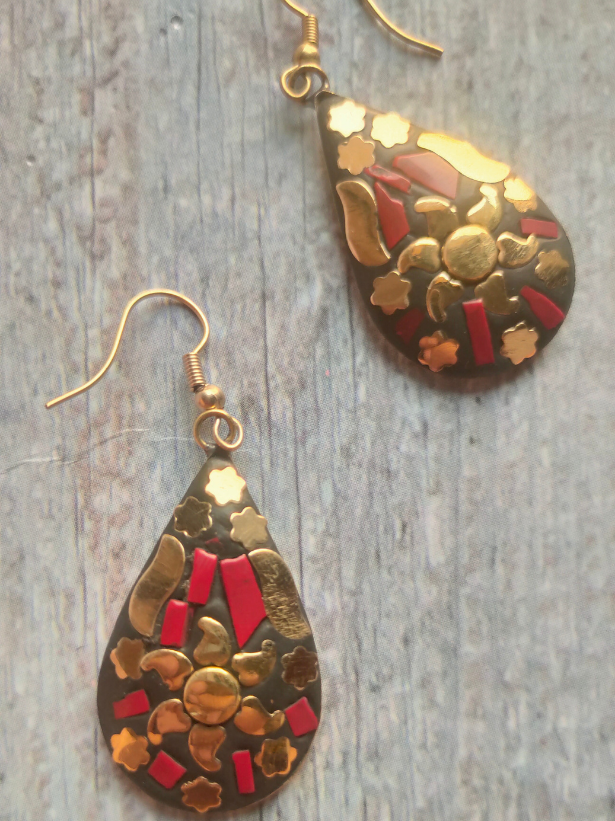 Black and Red Tibetan Drop Earrings with Gold Detailing