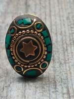 Load image into Gallery viewer, Black and Turquoise Oval Tibetan Ring with Gold Detailing
