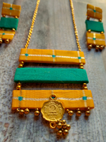 Load image into Gallery viewer, 3 Layer Yellow &amp; Green Fabric Pendant and Earrings Necklace Set
