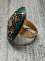 Load image into Gallery viewer, Black and Turquoise Oval Tibetan Ring with Gold Detailing
