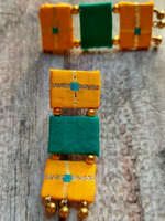 Load image into Gallery viewer, 3 Layer Yellow &amp; Green Fabric Pendant and Earrings Necklace Set
