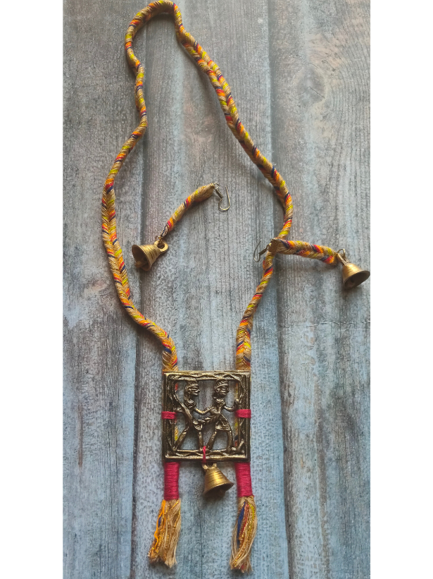 Threaded Fabric Necklace Set with Tribal Motifs Metal Pendant