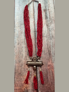 Red Multi Layer Beaded Strands Necklace with Metal Pendant
