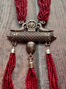 Red Multi Layer Beaded Strands Necklace with Metal Pendant