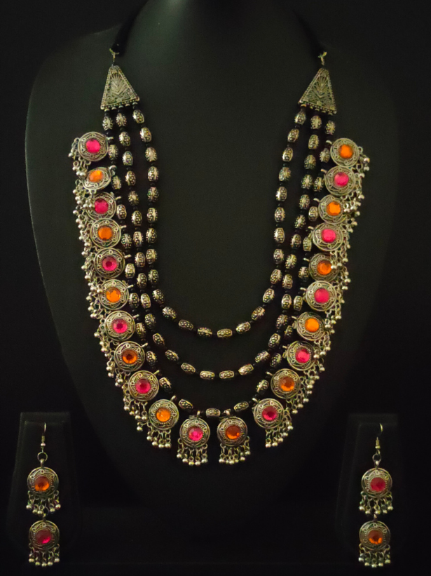 3 Layer Pink and Orange Oxidised Silver Necklace Set with Thread Closure