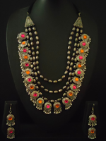 Load image into Gallery viewer, 3 Layer Pink and Orange Oxidised Silver Necklace Set with Thread Closure

