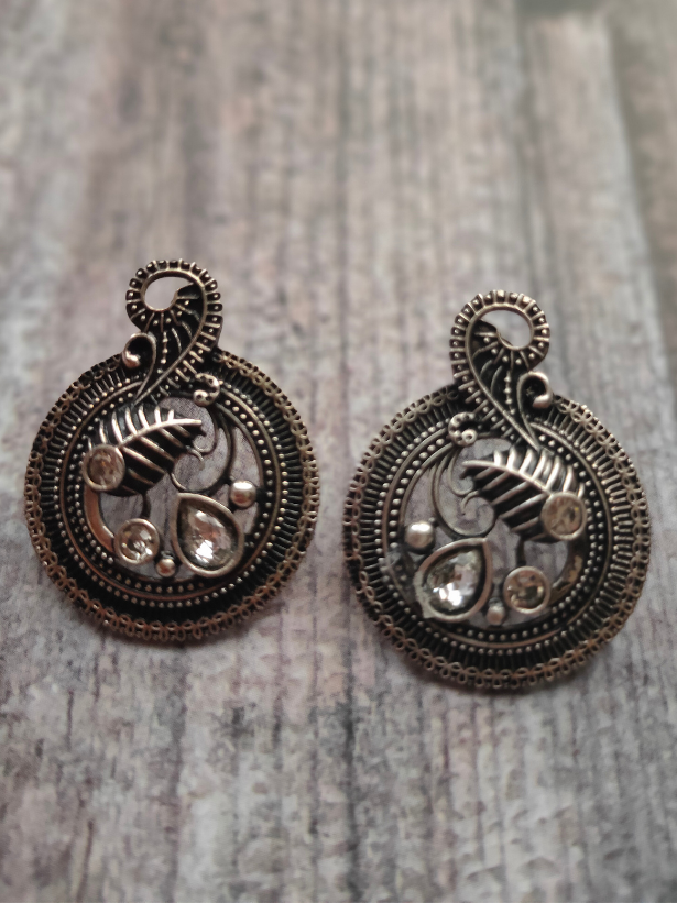 Oxidised Silver Choker Necklace Set with Rhinestones and Peacock Detailing