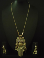 Load image into Gallery viewer, Long Chain Peacock Motif Intricate Detailing Oxidised Silver Necklace Set
