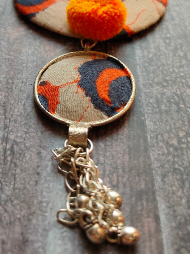 Fabric and Pom Pom Necklace Set with Thread Closure