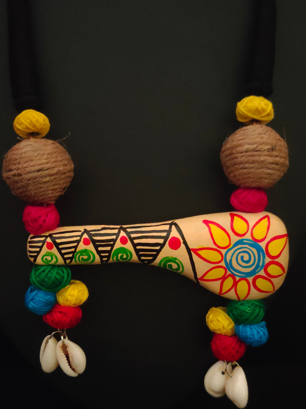 Hand-Painted Clay Shehnai with Shells and Fabric Beads Necklace Set