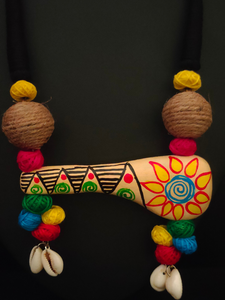 Hand-Painted Clay Shehnai with Shells and Fabric Beads Necklace Set