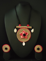 Load image into Gallery viewer, Fabric, Jute &amp; Shell Work Handcrafted Necklace Set with Thread Closure
