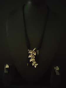 Black Ikat Printed Fabric Necklace Set with Metal Leaves Detailing