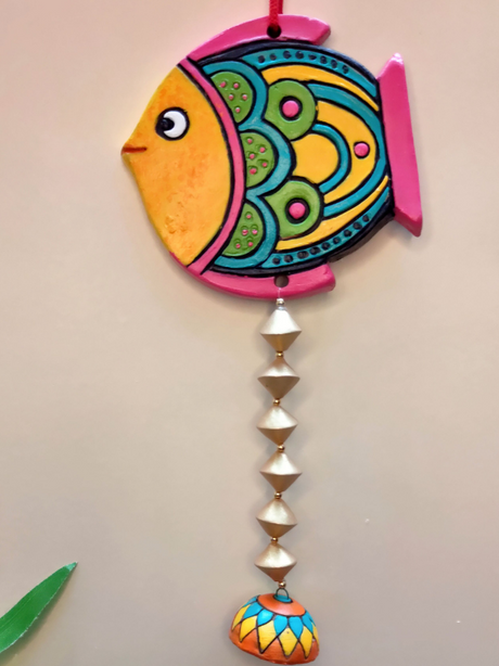 Handmade and Hand-Painted Yellow Fish Terracotta Wall Hanging