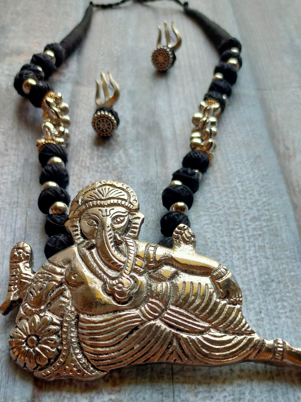 Statement Ganesha Necklace with Black Fabric Beads