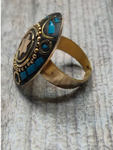 Black and Multi-Color Oval Tibetan Ring with Gold Detailing