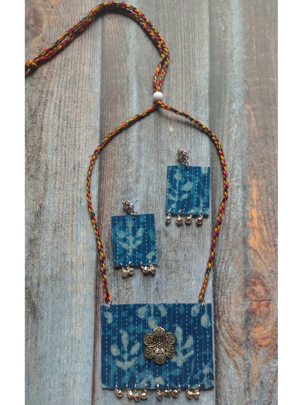 Kantha Work Indigo Fabric Necklace Set with Braided Threads Closure