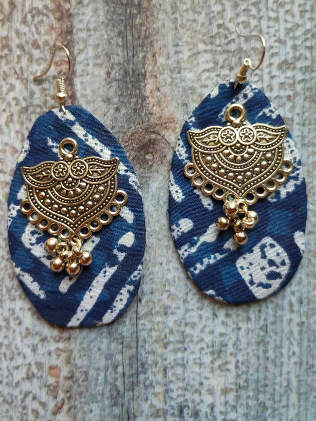 Indigo Fabric Earrings with Metal Detailing and Beads