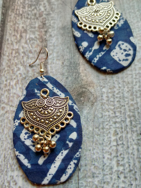 Indigo Fabric Earrings with Metal Detailing and Beads