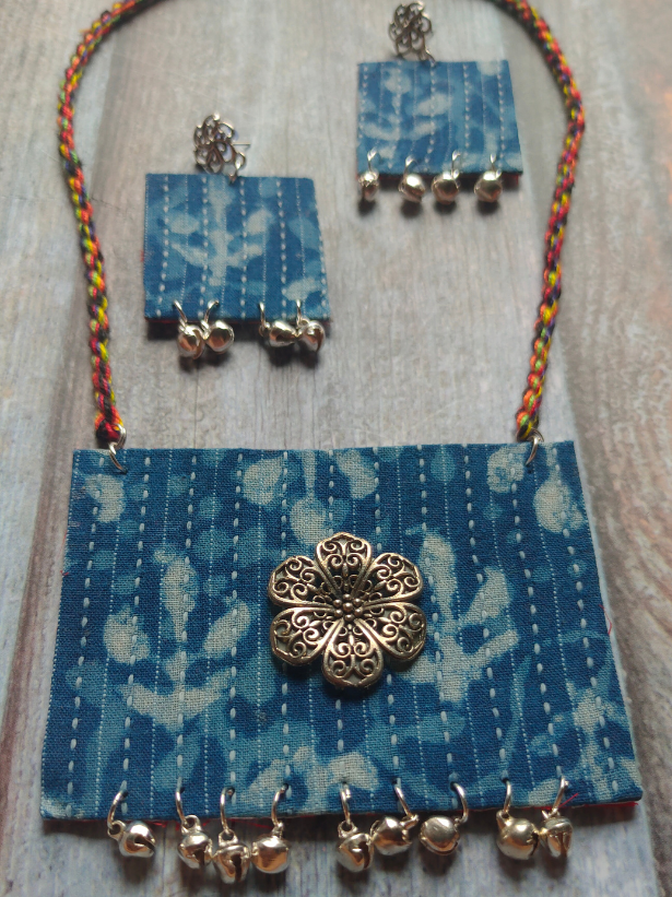 Kantha Work Indigo Fabric Necklace Set with Braided Threads Closure