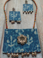 Load image into Gallery viewer, Kantha Work Indigo Fabric Necklace Set with Braided Threads Closure
