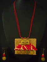 Load image into Gallery viewer, Jute &amp; Fabric Necklace Set with Antique Gold Finish Stamped Coins
