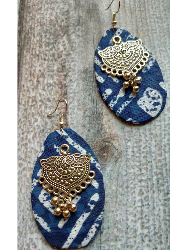 Indigo Fabric Earrings with Metal Detailing and Beads